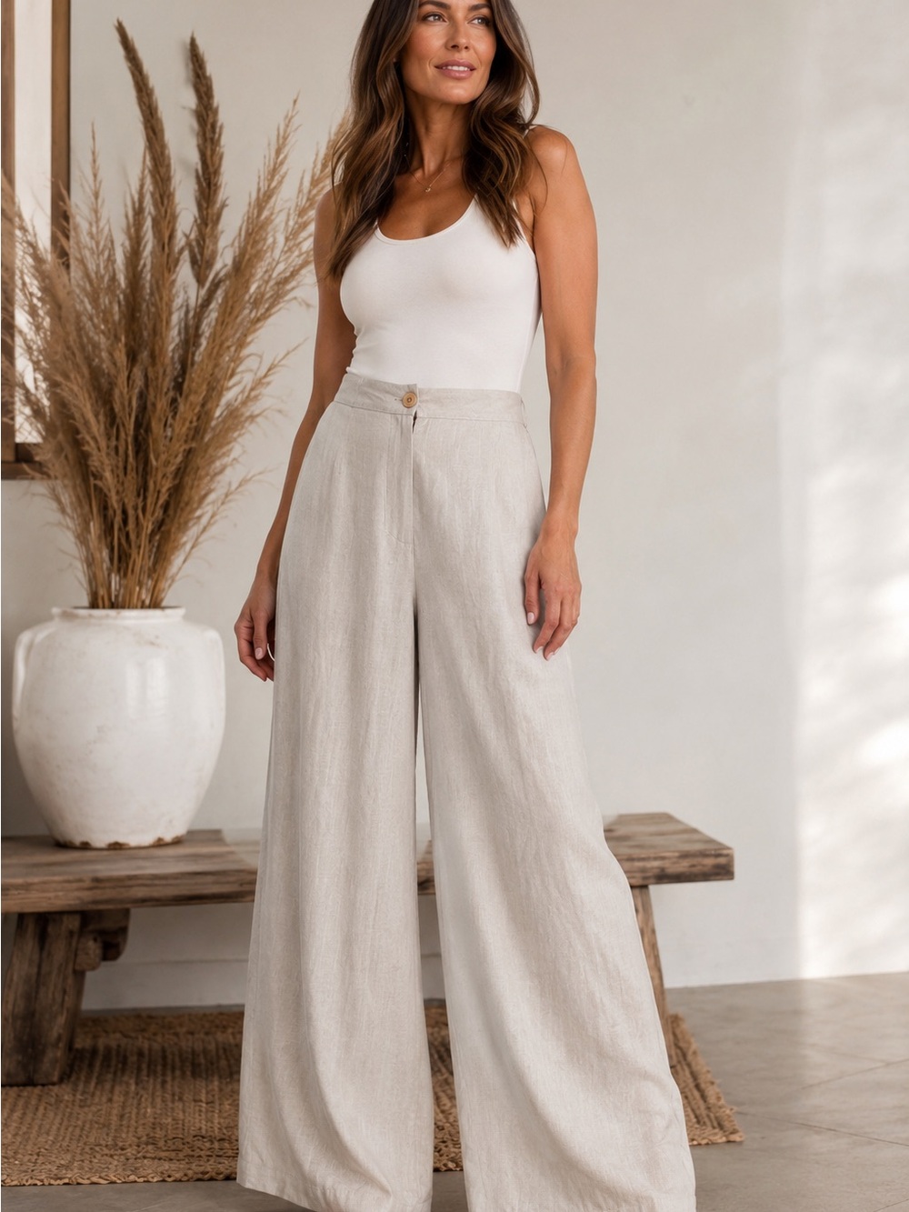 PrettyLittleThing Cream Wide Leg Cotton-Blend High Waist Pants